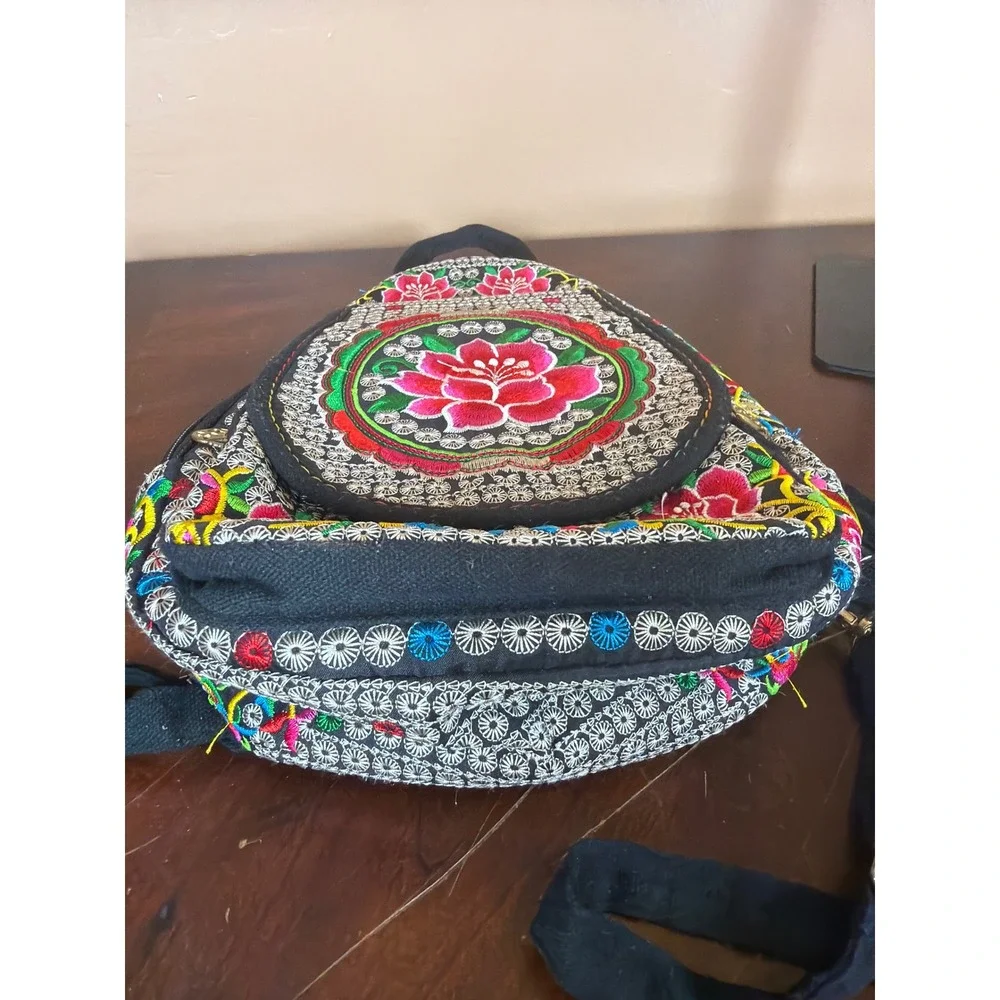 Boho‎ Floral Embroidered Mini Backpack Sling Bag Black Pink Lotus Folk Art